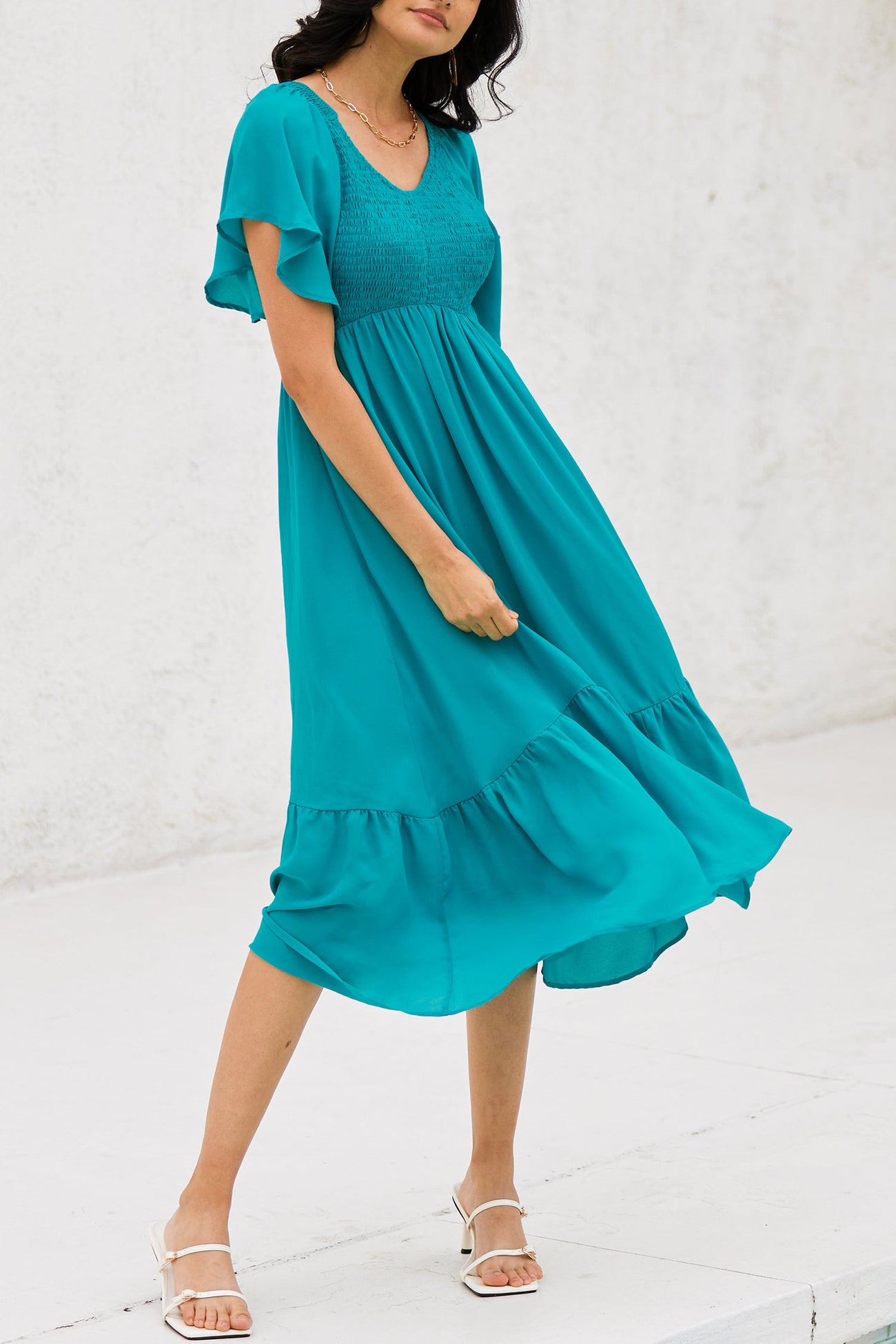 Ocean Blue Smocked Ruffled Dress