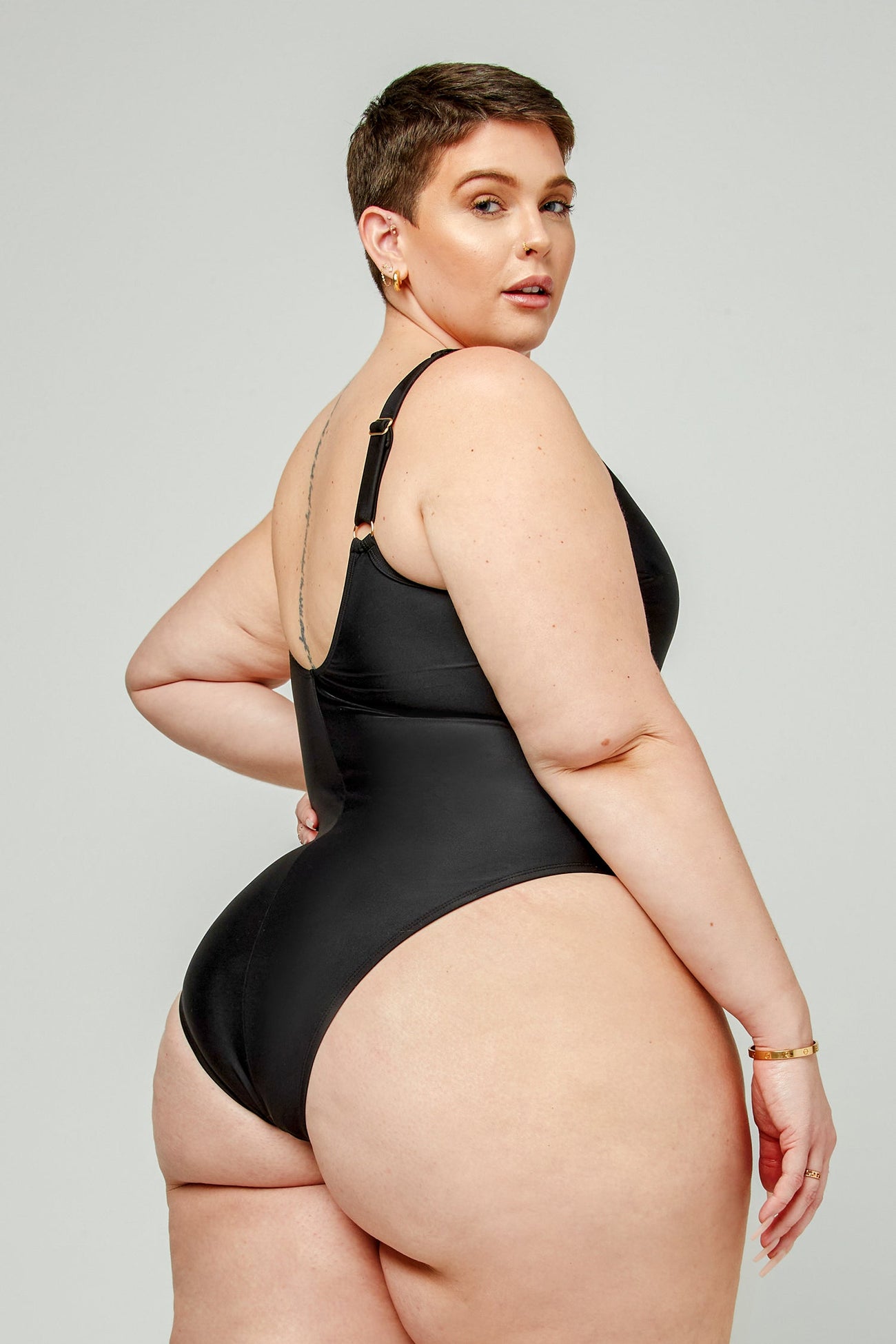 Omniscient Solid Mesh Panel Tummy Control Black Plus Size One Piece