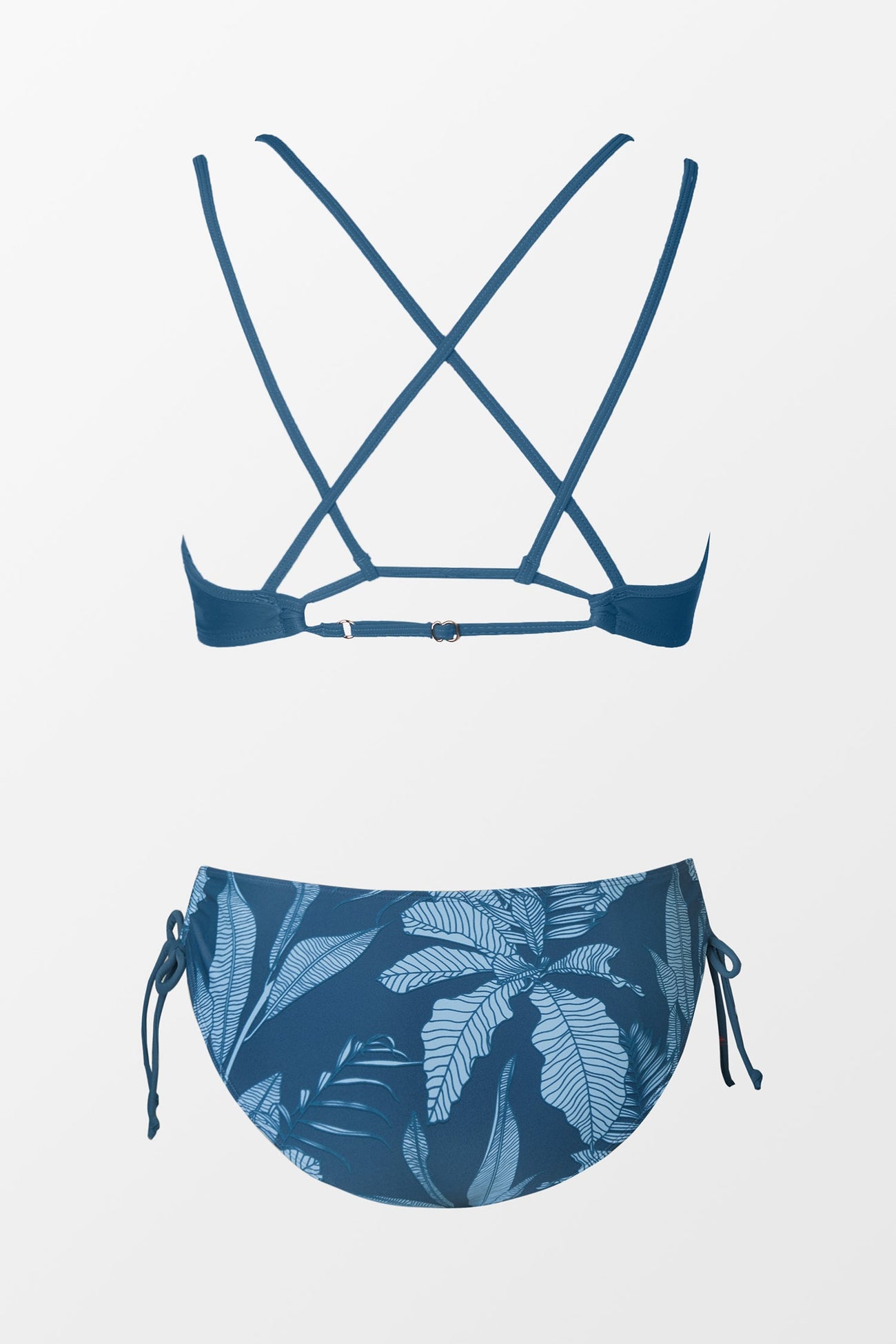 Strappy Bralette & Leaf Print Ruched Drawstring Bikini Set
