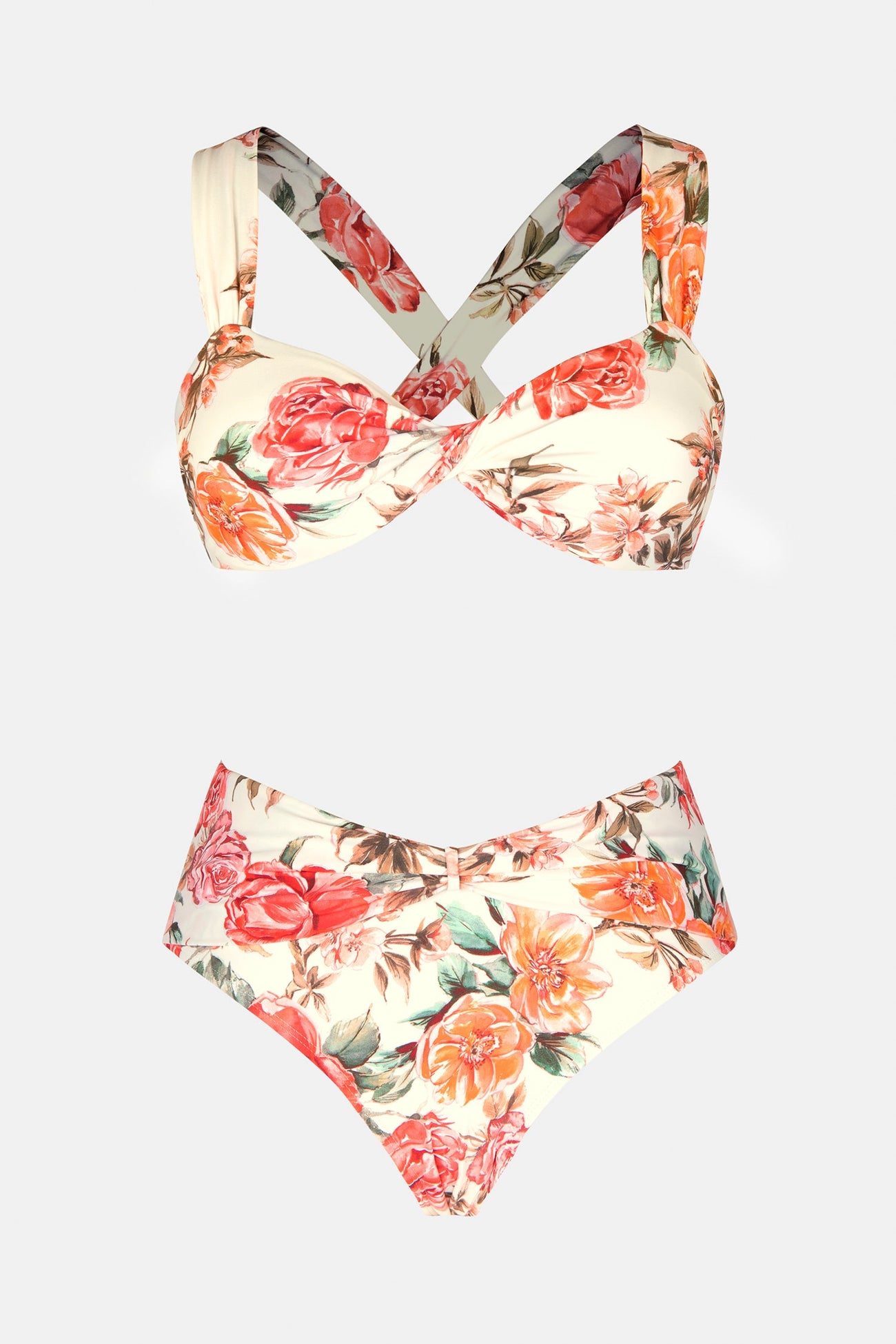 Elegant Rose Twist Top & Strappy High Waist Bikini Set