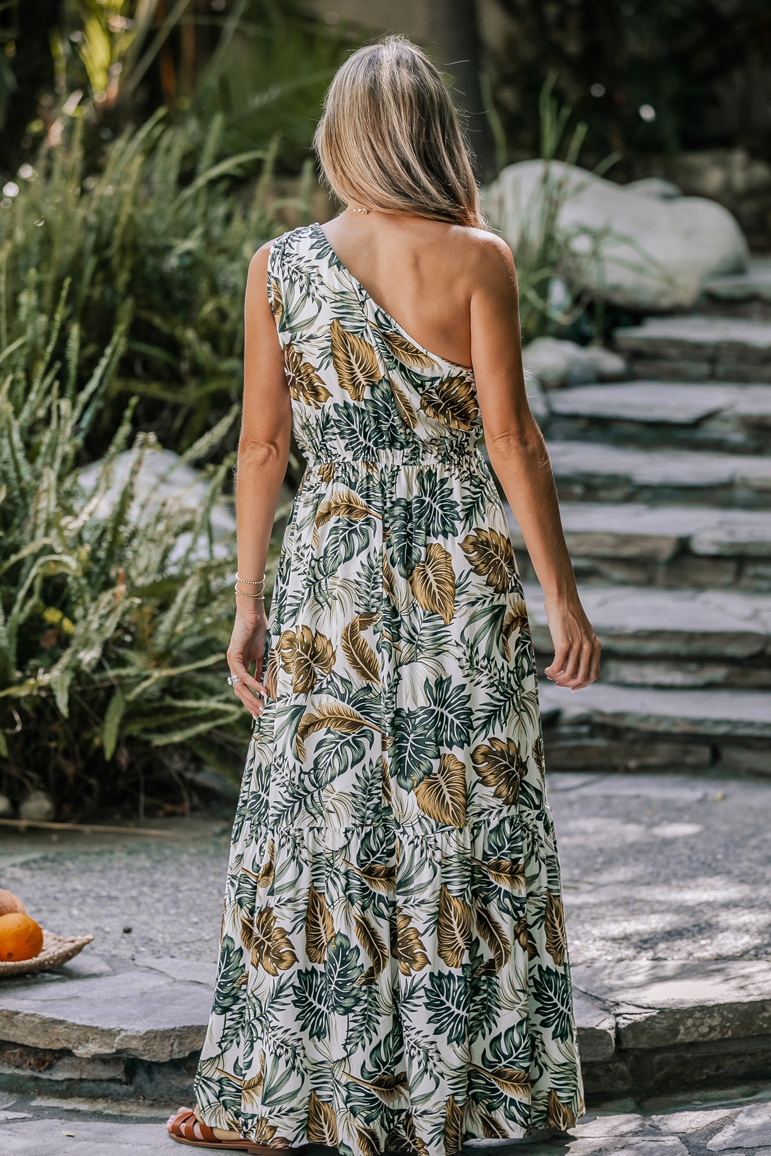 Tropical Leaf Print One-Shoulder A-shape Dress