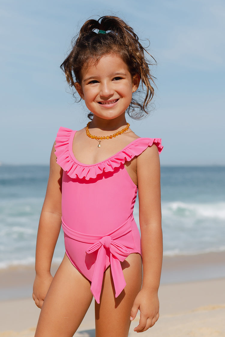 Girls Summer Dreaming High Neck Belted One Piece Swimsuit