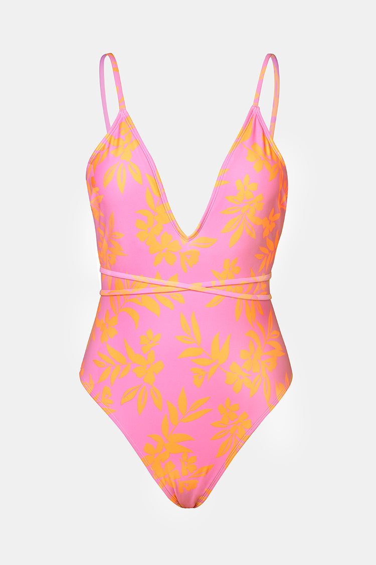X STASSIE Tropical Plume Lace-Back One Piece Swimsuit