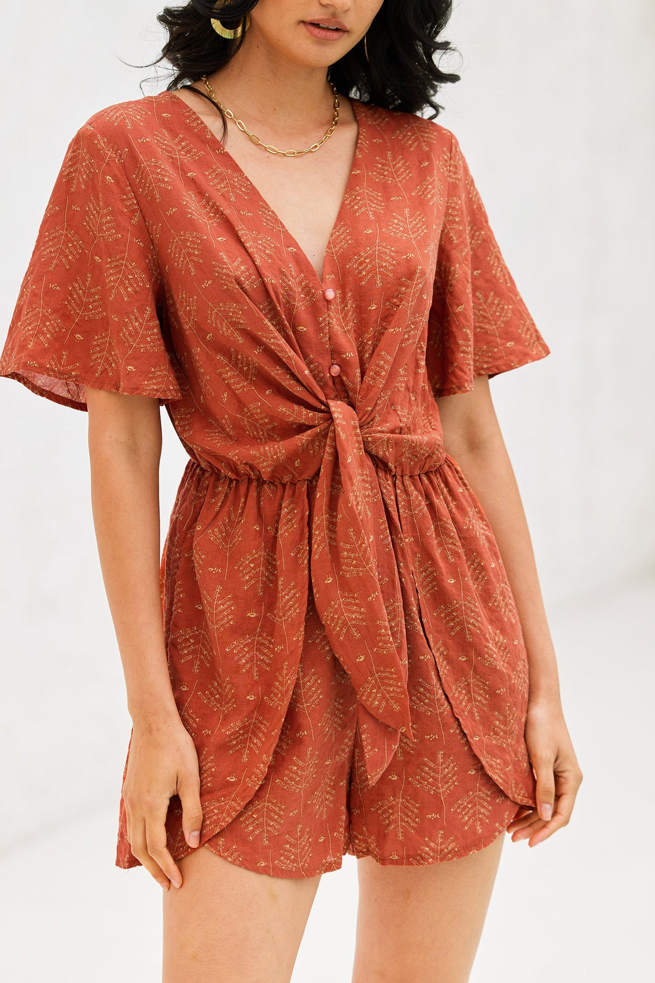 Abstract Leaf Print Tie Sash Romper