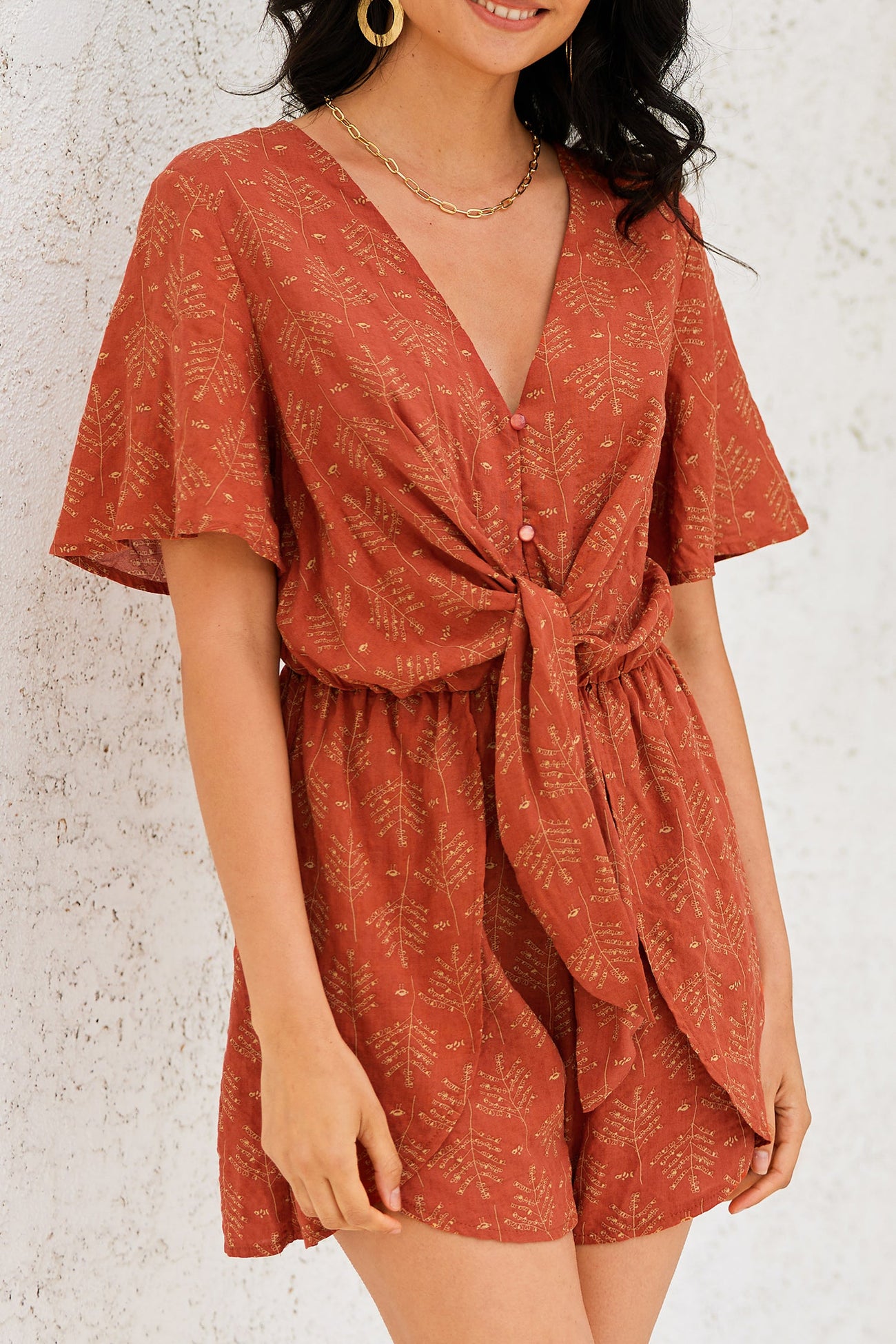 Abstract Leaf Print Tie Sash Romper