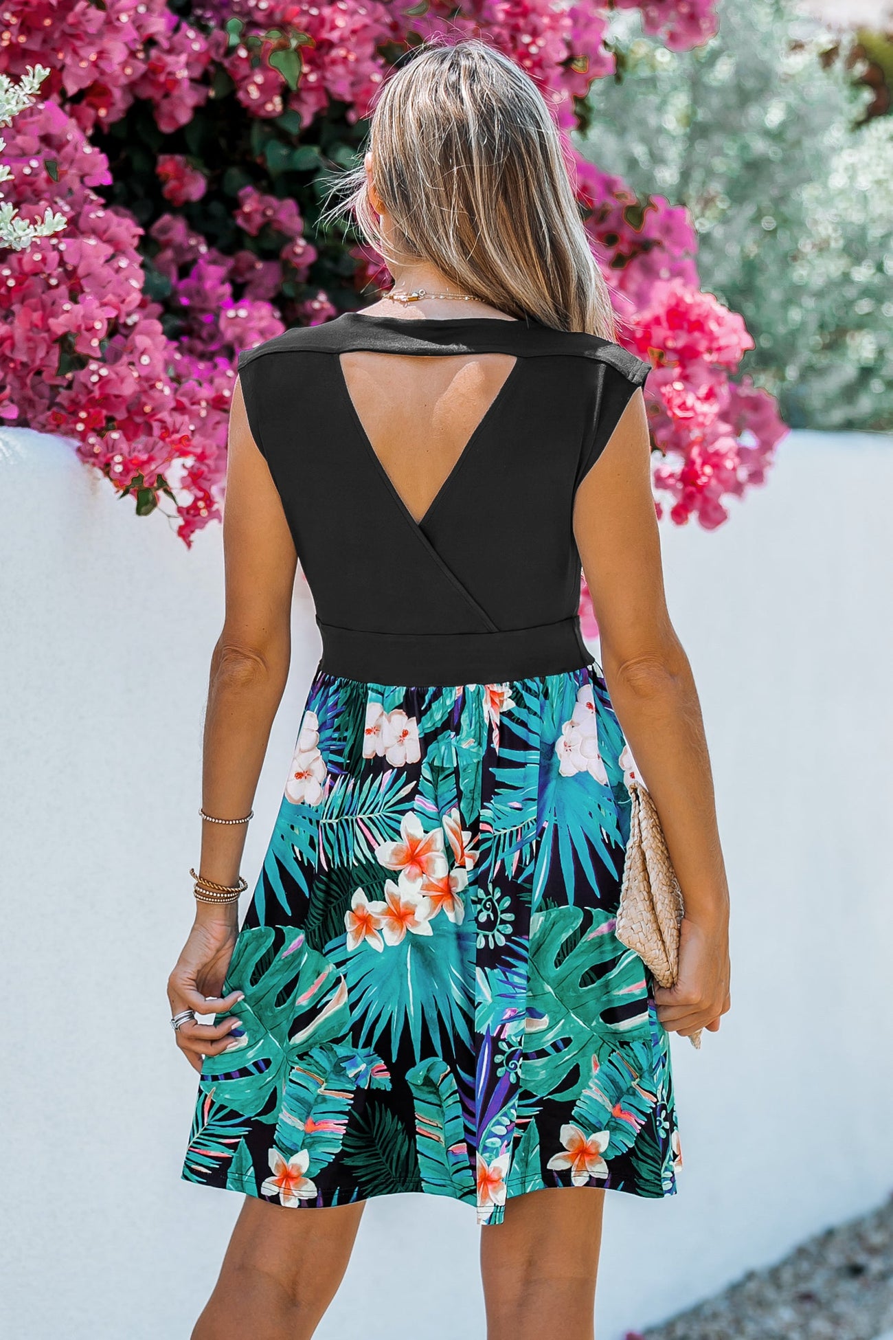 Tropical Leaf Print Sleeveless Mini Dress