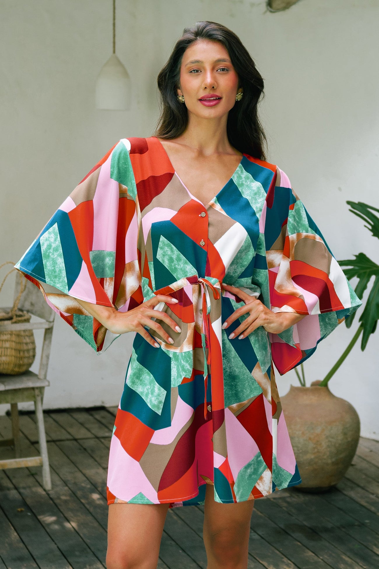 Colorful Abstract Print Tie Waist Dress