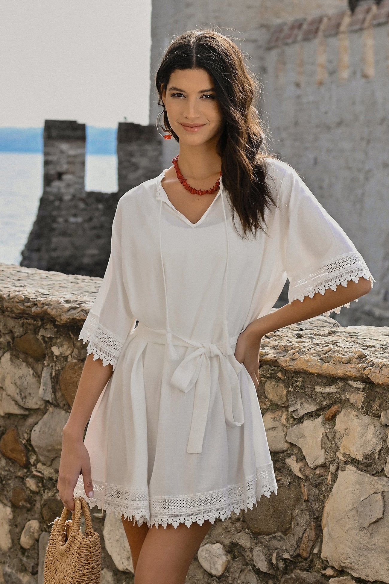 Belted Tie Front Lace Cover-Up Dress