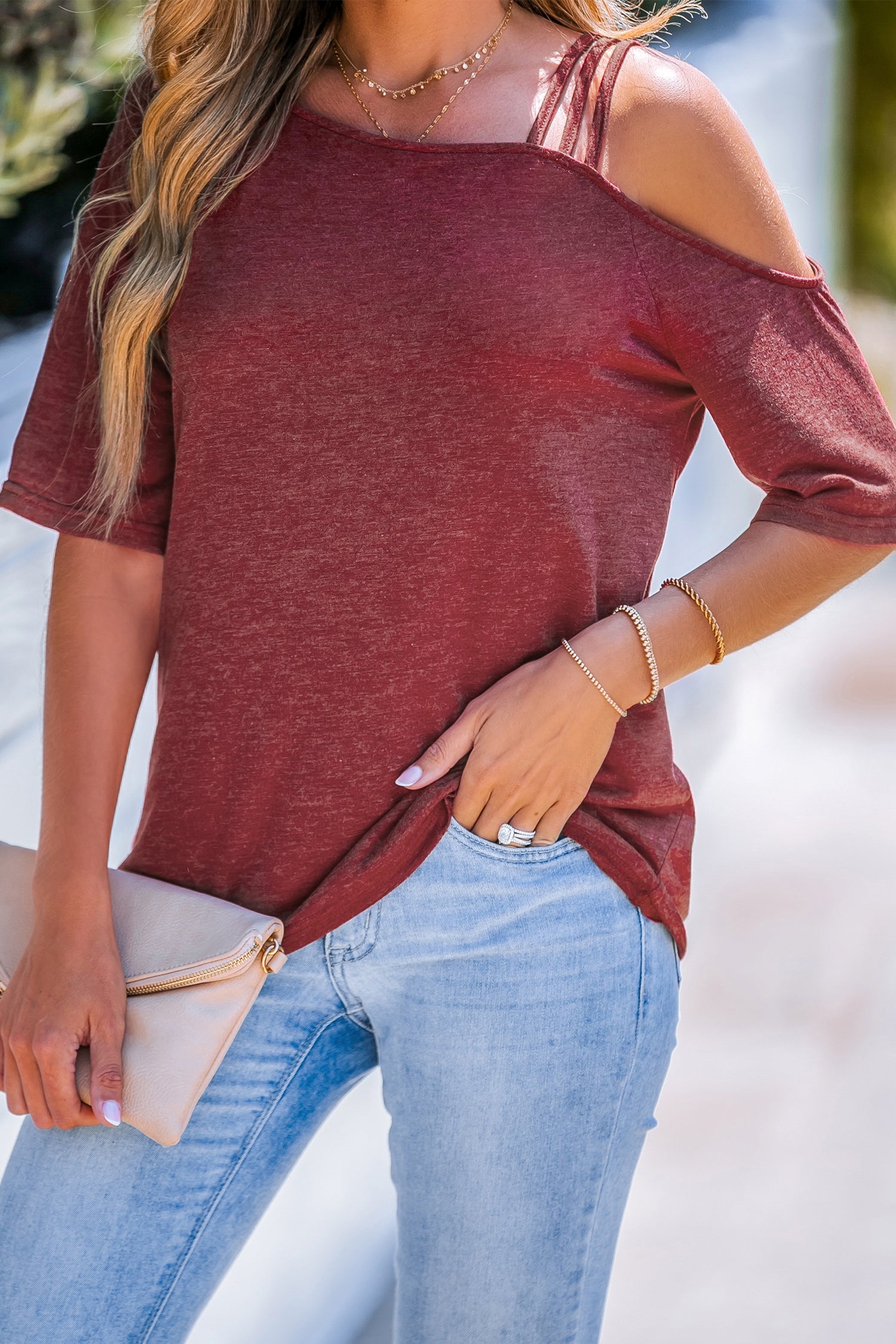 Maroon One-Shoulder Tee