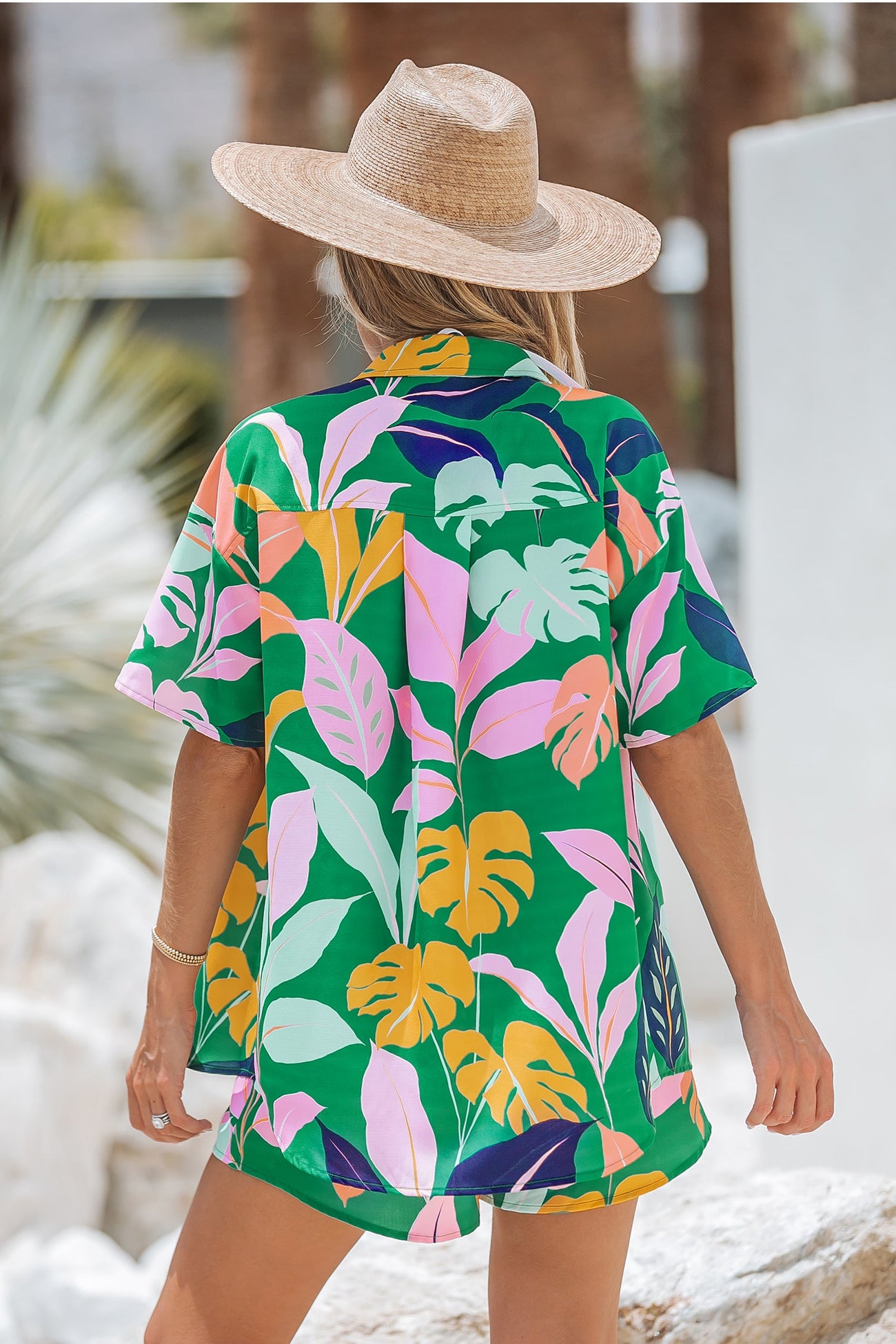 Tropical Leaf Print Drop-Sleeve Shirt