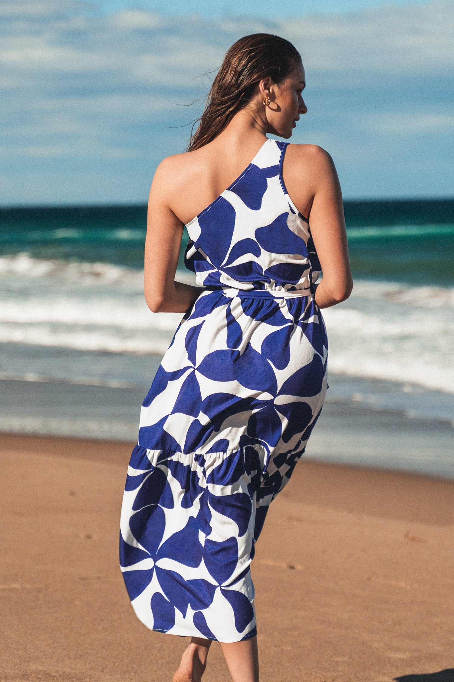 Belted Geo Print One-Shoulder Dress