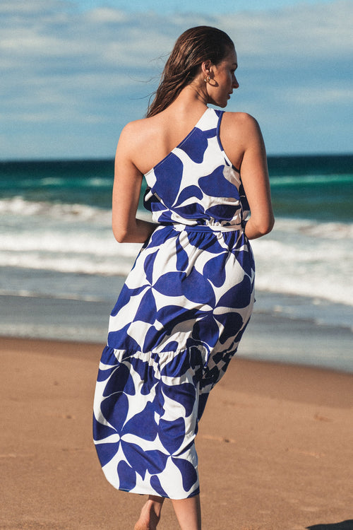 Belted Geo Print One-Shoulder Dress