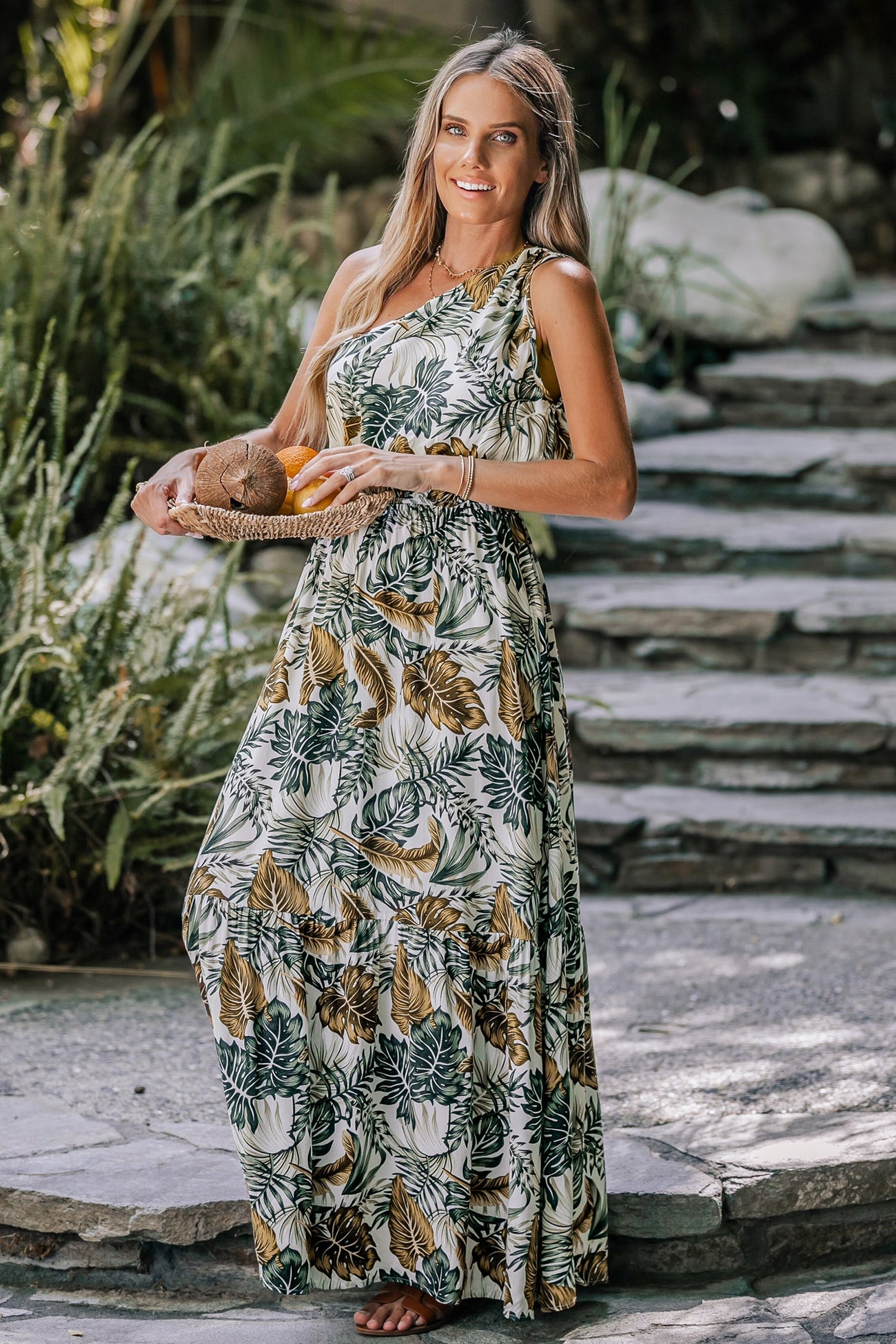 Tropical Leaf Print One-Shoulder A-shape Dress